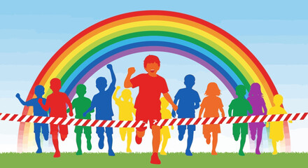 Fototapeta premium Colorful Silhouette Kids Racing to the Finish Line as the Rainbow Appears Above