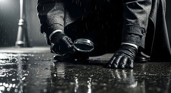 A detective in a black suit and gloves examines evidence on a rainy street