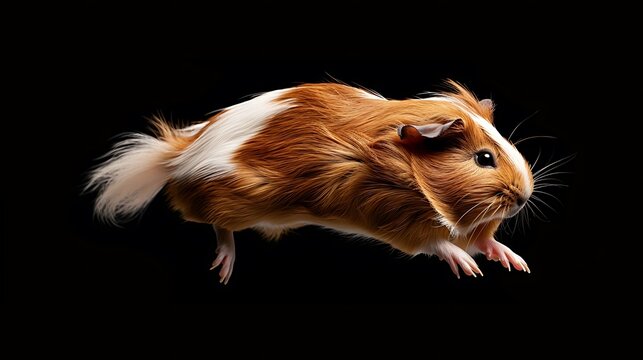 A fluffy guinea pig with brown and white fur scurries across a black void.