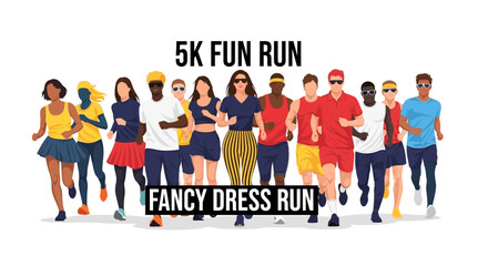 Fototapeta premium Colorful Group Of Friends Participating In A Fancy Dress 5K Fun Run Competition