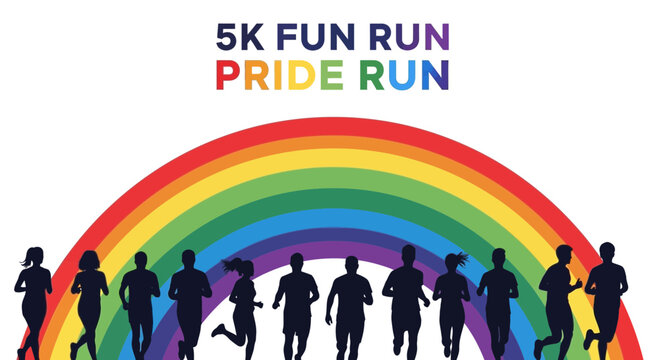 Colorful Illustration of 5K Fun Run and Pride Run Featuring Runners and Rainbow Arch