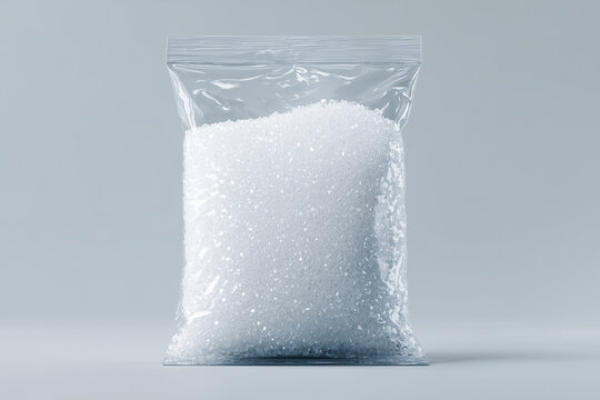 Granulated sugar packaging in a tightly sealed plastic bag containing white sugar crystals.