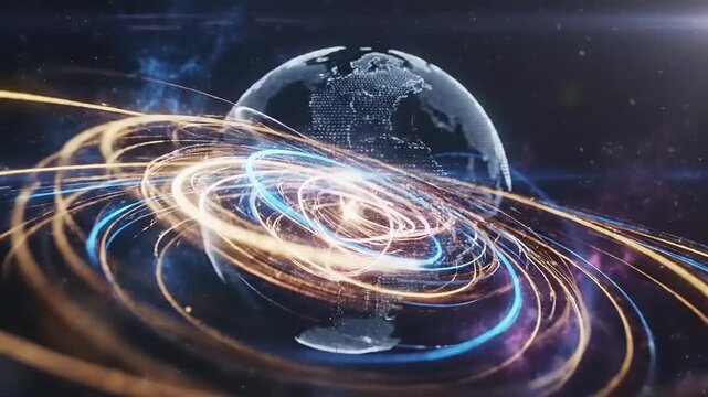 Digital Earth Globe with Glowing Light Trails Representing Global Data Network and Connectivity