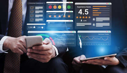 Fototapeta premium Feedback system with ratings, sentiment meter, and charts representing customer satisfaction and experience analysis Parse