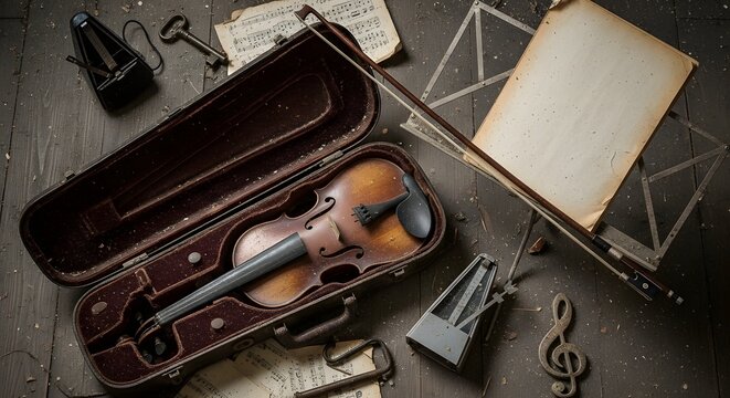 A violin and its accessories laid out on a dark wooden table for music practice