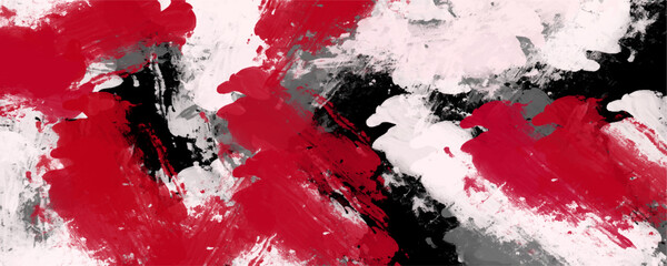 Abstract red black and white distressed paint texture background. These aggressively vibrant acrylic splatters formulate a striking commercial aesthetic for high energy branding. © Faiyaz