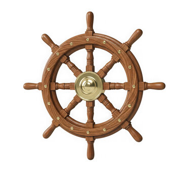Intricate wooden ship's steering wheel with compass rose design at its center isolated on transparent background