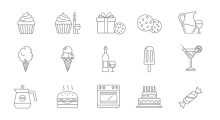 Fototapeta premium A collection of line art icons depicting various celebratory foods and treats for parties