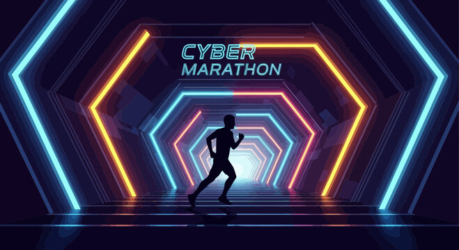 Cyber Marathon Runner Silhouette Neon Tunnel Futuristic Event Motion