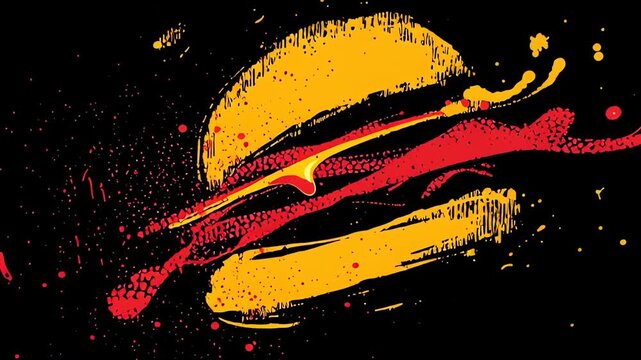 Stylized animation of a burger with splashing sauces on black