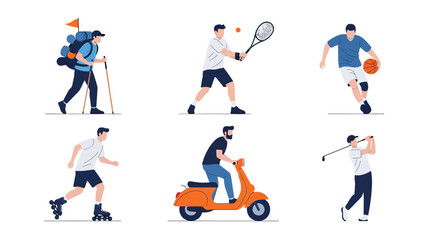 Fototapeta premium Diverse Activities Depicted in Simple, Colorful Illustrations for Sport and Recreation Concepts