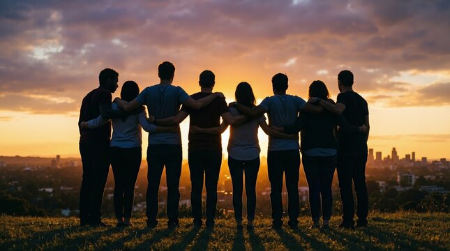 Diverse Group of Friends Standing with Arms Around Each Other Looking at City Skyline During Golden Sunset