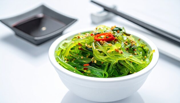 Crisp and Translucent Seaweed Salad Tossed with Sesame Oil and Chili in a White Bowl