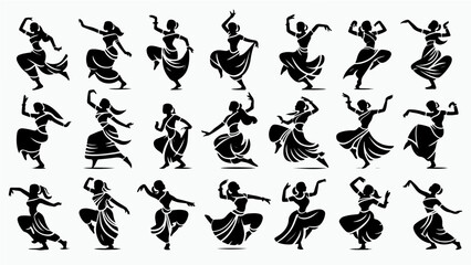 Fototapeta premium Collection of Twenty-One Black Silhouettes of Traditional Indian Classical Female Dancers in Various Dynamic Bharatanatyam Poses, Vector Illustration Set