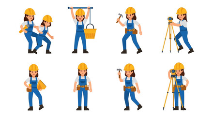 Fototapeta premium Diverse Illustrated Construction Workers Representing Various Builder Professions On White
