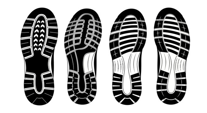 Detailed Perspective of Four Athletic Shoe Soles in Black and White Formation