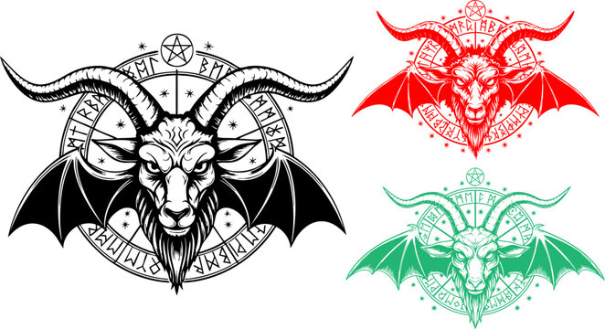 Occult Baphomet goat head vector set, satanic demon with bat wings and pentagram, gothic devil illustration for t-shirt design and metal music posters