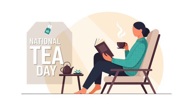 A woman relaxes with a book, enjoying a cup of hot tea as part of the British tea time concept, celebrating National Tea Day with an afternoon tea tradition in a cozy tea moment