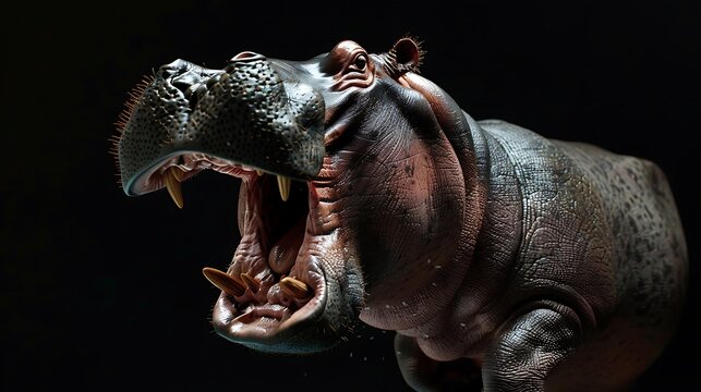 A hippopotamus opens its massive jaws wide in a powerful display of its teeth.