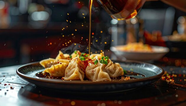 Steamed dumplings receiving a generous pour of savory soy sauce and spicy chili oil at a restaurant