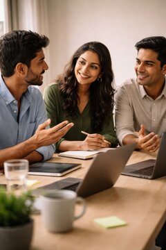 Young diverse professionals collaborating on laptop during casual office meeting with warm natural light