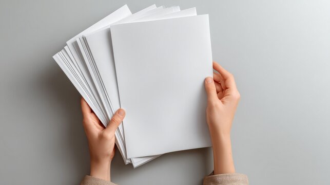 Two hands holding a stack of blank white paper sheets on a gray background.