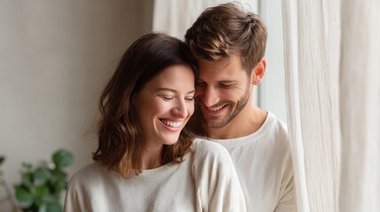Fototapeta premium Happy couple embracing, sharing a joyful moment indoors by the window.