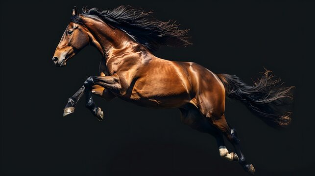 Powerful brown horse leaps through the dark with its mane flowing dramatically.