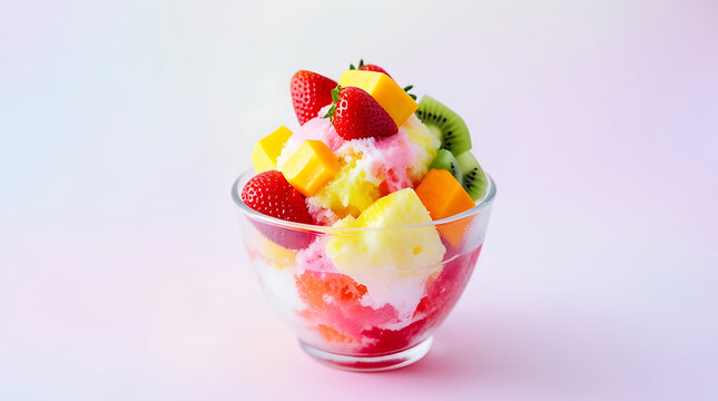 colorful shaved ice dessert in glass bowl with vibrant fruit toppings strawberry mango kiwi arranged minimal composition large negative space soft pastel gradient background