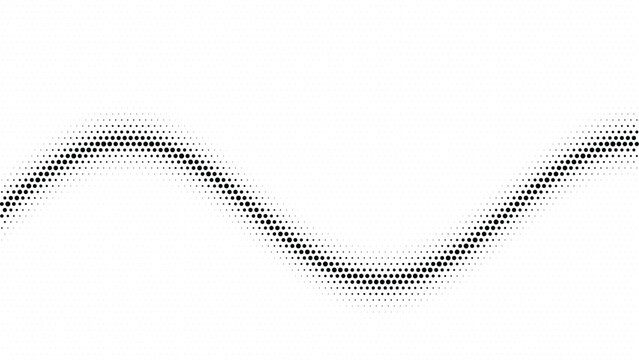 Wavy line of black halftone dots creates a dynamic sinusoidal pattern on a bright white background