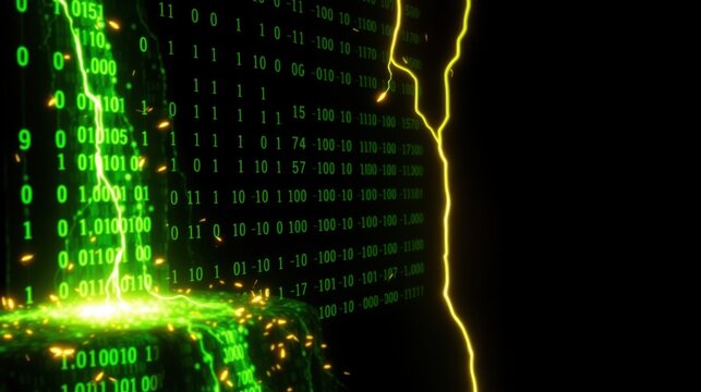 Digital rain cascades down black screen. Bright yellow lightning bolt streaks across right side. Binary code dominates visual field.
