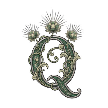 Ornate letter Q with flowers medieval design