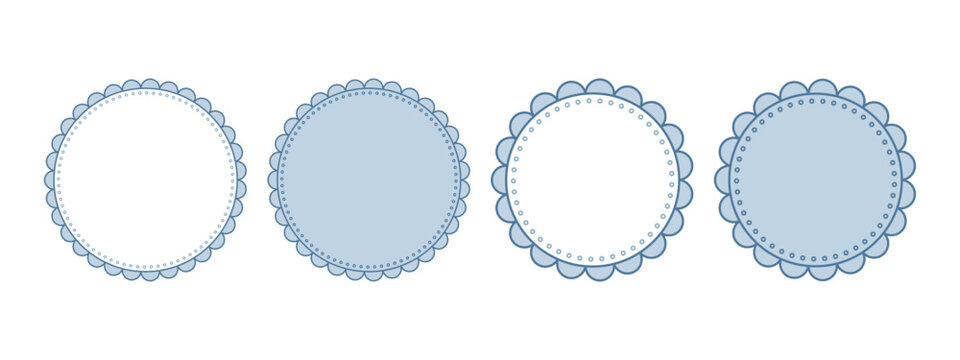 Blue circle scallop frame set on white backdrop. Round edge border with dots, specks, particles, flecks along inner trim. Vector repeating ornament design in four variations. Overlay template