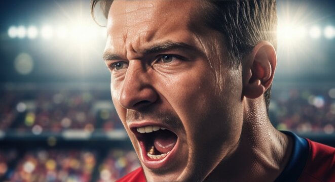 Passionate sports fan shouting with intense energy in the brightly lit stadium, expressing raw emotion and unwavering support for his favorite winning team
