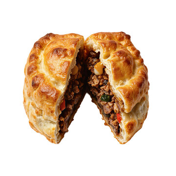 Pastel meat pastry split open isolated on a transparent background showing savory Cape Verdean beef filling