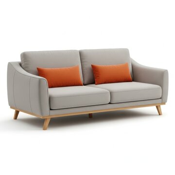 Modern beige sofa with wooden legs and orange throw pillows