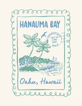 Hanauma Bay Oahu Hawaii Postage Stamp Travel Poster with Palm Trees and Outrigger Illustration