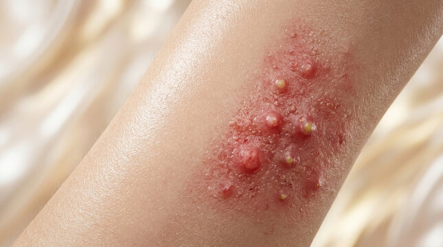 Healthy skin barrier vs acne inflammation closeup of red blister rash on human arm with pustule and irritation clinical dermatology concept for infection allergy eczema and sensitive skin care