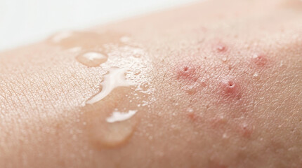 Fototapeta premium Healthy skin barrier vs acne inflammation closeup on human body with red bump and water droplet showing irritated texture and pore detail for skincare concept and dermatology education