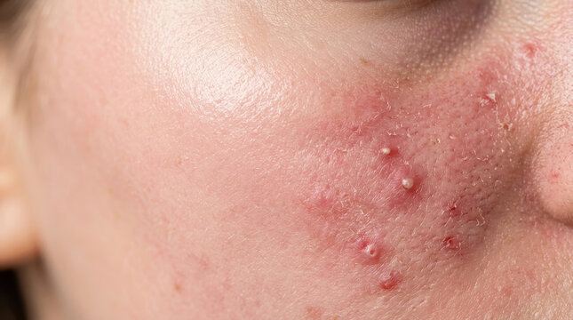 Healthy skin barrier vs acne inflammation facial cheek redness texture dry patch closeup with pores pimple and irritation showing healthy skin barrier vs acne inflammation skincare concept natural