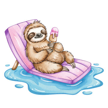 Sloth enjoying a sweet ice cream treat while lounging by the pool on a sunny day