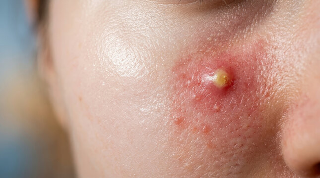 Healthy skin barrier vs acne inflammation face cheek pimple Close up face cheek with acne pustule and redness comparing healthy skin barrier vs acne inflammation showing irritated skin texture