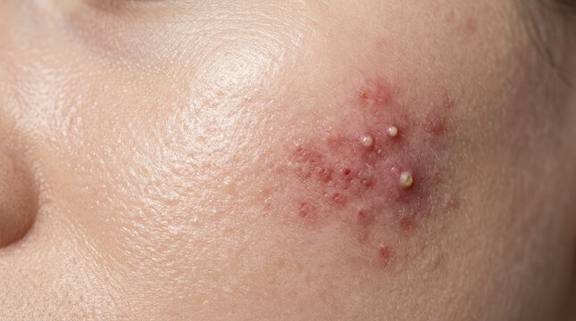 Healthy skin barrier vs acne inflammation concept closeup facial cheek with pimple redness and whitehead showing irritated texture for dermatology skincare education and treatment awareness