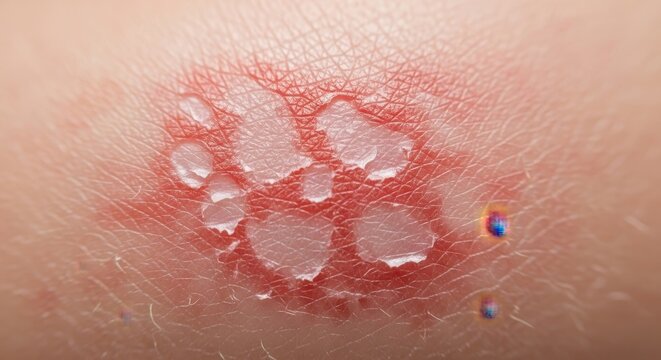 Close-up View of Skin Condition with Blisters and Redness.