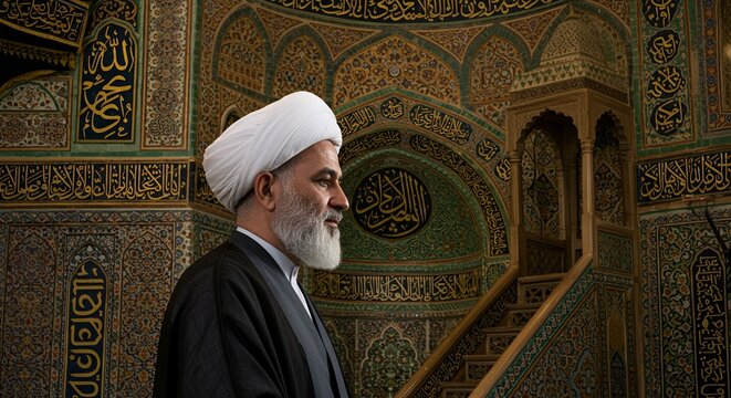 Elderly Muslim Cleric in Traditional Turban and Robes Standing Inside a Mosque.