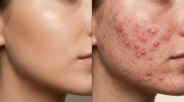 Healthy skin barrier vs acne inflammation comparison closeup face cheek shows smooth complexion on left and breakout redness on right for skincare concept and dermatology education
