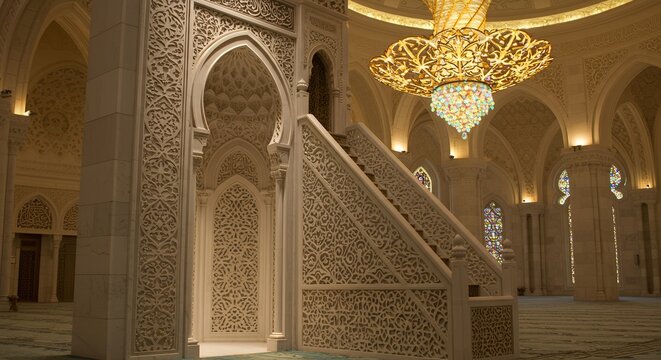 Elegant Islamic Minbar and Chandelier in a Mosque Interior.