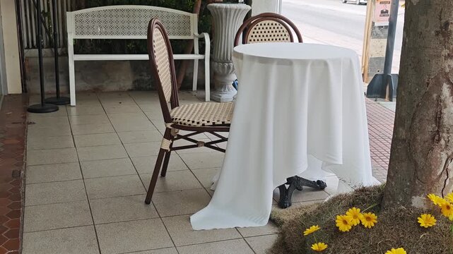 Tables and chairs in a cafe.