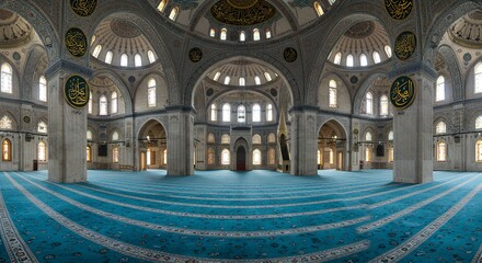Obraz premium Interior of a Grand Mosque with Blue Carpets and Domes.