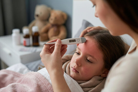 Concerned mother checking her sick daughter's temperature with a digital thermometer in a bedroom